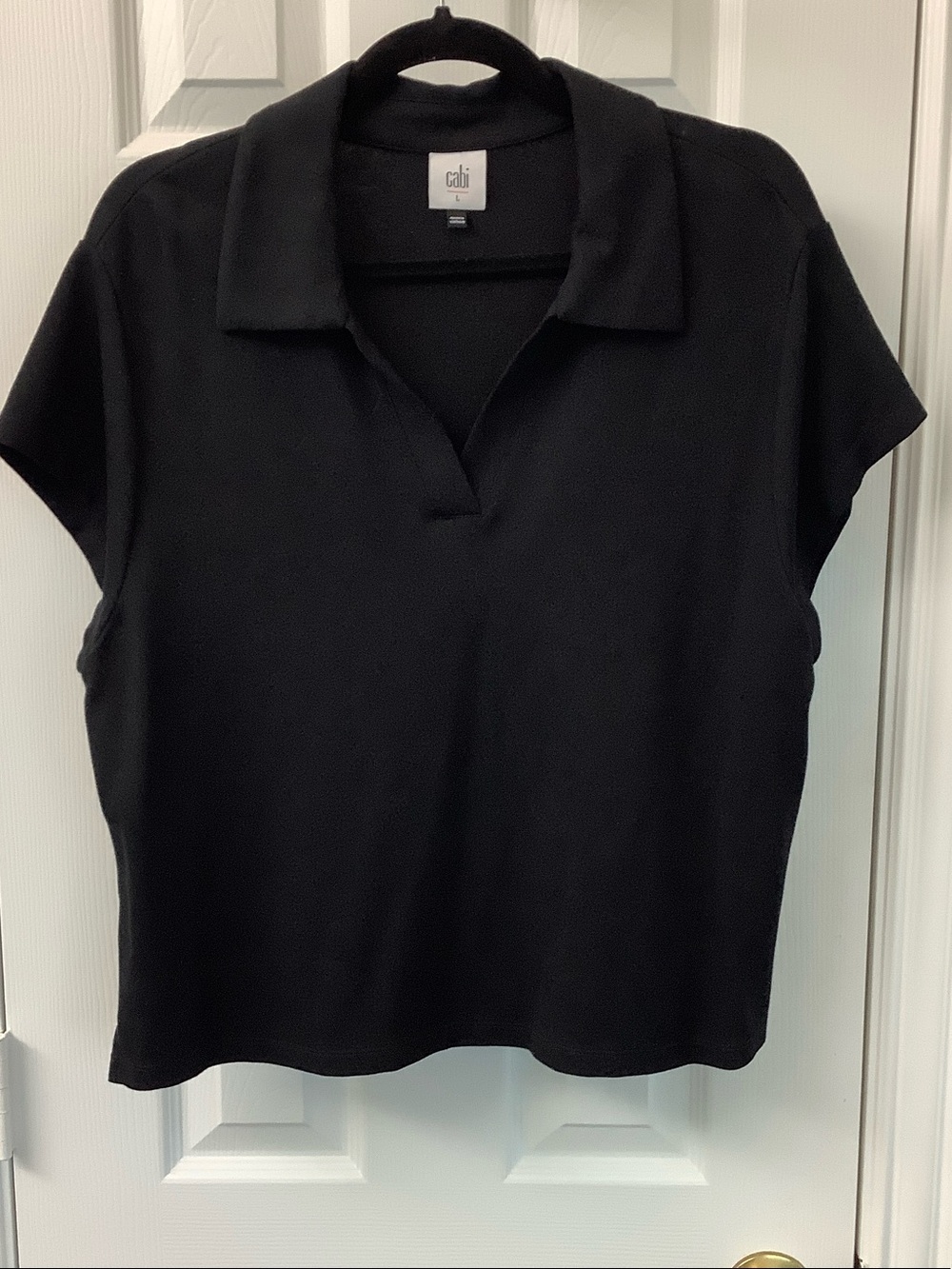 CAbi Black Split-V Polo Short Sleeve Knit Top sz L